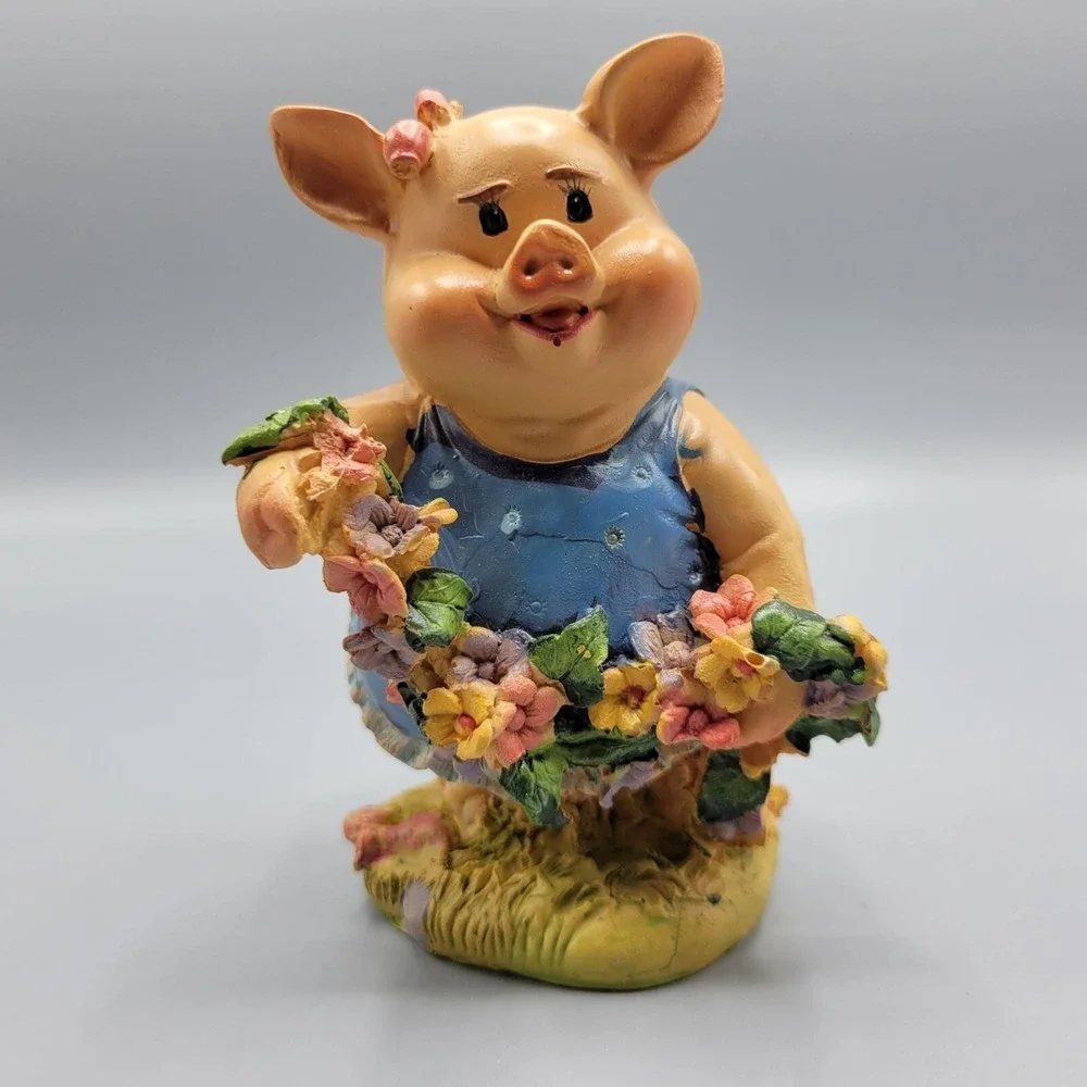 Vintage Adorable Happy Pig Figurine Blue Dress Floral Accents Home Shelf Decor